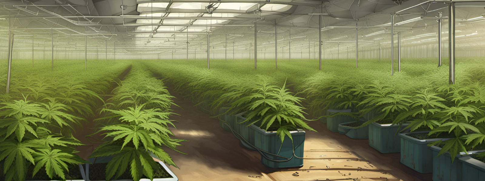 row of plants in marijuana nursery